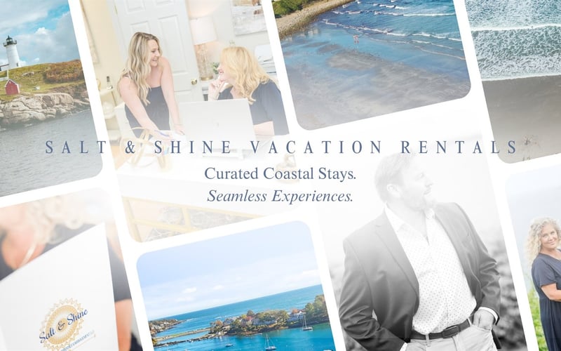 Salt & Shine Vacation Rentals collage with coastal photos, lighthouse, beach scenes, and people, tagline reads Curated Coastal Stays, Seamless Experiences